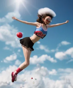 Ultra realistic speed clouds sky scene, wide angle view, cheerleader teenager falling down with many Children background, inflatable monsters, circus dress style, feather color, free jumping flying, many trinkets, hair monster, many jelly beans, balls, color smoke, smile, happy, extreme, wind, clouds sea, 20,000 feet altitude, stratosphere, soft color, highly detailed, unreal engine 5, ray tracing, RTX, lumen lighting, ultra detail, volumetric lighting, 3d, finely drawn, high definition.