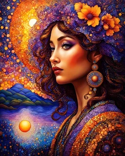 Alcohol ink tiny mosaic pointillism Art ArtQT create a landscape capturating the essence of twilight with patterns and vivid colors weaving through the scene like a tapestry degradee violet+ terracotta + orangè+yellow+a big sun 🌞 Alphonse mucha 💜🧡🤎❤️💛🤍Josephine wall 64k 8 render lighting volumetric lighting