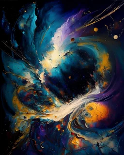 A mesmerizing portrayal of a cosmic phenomenon, with swirling galaxies, shimmering stars, and awe-inspiring celestial events, in the style of abstract expressionism, gestural brushstrokes, intense colors, and a sense of movement and energy, inspired by the works of Jackson Pollock and Mark Rothko, exploring the wonders of the universe through artistic expression.