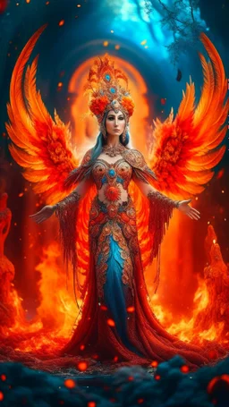 Full body wide-angle RAW photo, the fire queen wearing very luxurious and jewel-embellished clothes, fully covered, holding a fire shawl, opals and flower decorations, fractal wing texture, coming out of a burst of fire, winter scenery in the background, beautiful woman's face indonesia, high detail skin, phoenix, fire, 8k uhd, dslr, soft lighting, high quality, film grain