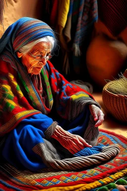 Elderly Berber woman, detailed, hyper realistic, an aura of grace and wisdom, weaving a colorful Moroccan rug, her fingers working deftly against a backdrop of a rustic Berber house.