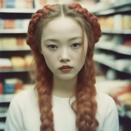 Old dirty Polaroid with white frames, of devon aoki with red cheeks, strange braids. in a supermarket, 1960s,