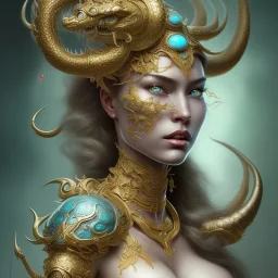 sango fantasy, fantasy magic, intricate, sharp focus, illustration, highly detailed, digital painting, concept art, matte, artgerm and paul lewin and kehinde wiley, masterpiece silver dragon head golden African nice breast Afo woman turquoise waves