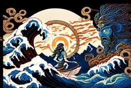 digital painting of the odyssey quest with the mythos cyclops by homer, in the style of hokusai