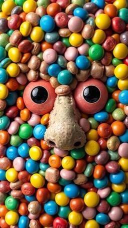 A balled face in details . The texture of the face is a collage of many 3D colourful random m&m candy covering the whole face and the eyes are covered by two ping poo balls , Bosch painting style