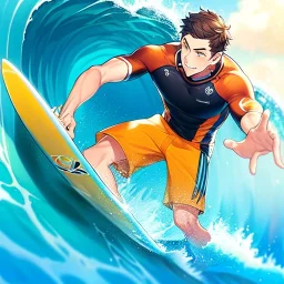 anime boy, surfer boy, surf, waves, perfect wave, orange swim shorts