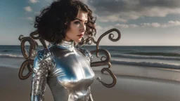 A woman with dark hair in a silver robotic catsuit, standing on a beach, flying mushrooms, with octopus tentacles floating above her