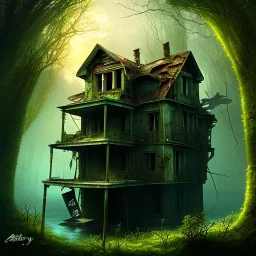 Abandoned house, overgrown, partially submerged,Interior, water inside