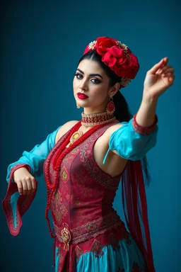 lady in azeri dance custum change clothing color to cyan and red fullbody shot