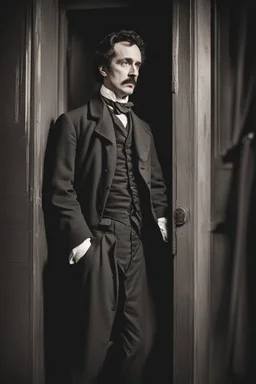 Craft an image of John Wilkes Booth slipping into the theater's backstage, navigating through the shadows toward the presidential box. Emphasize the secrecy and tension as Booth prepares to carry out his fateful act