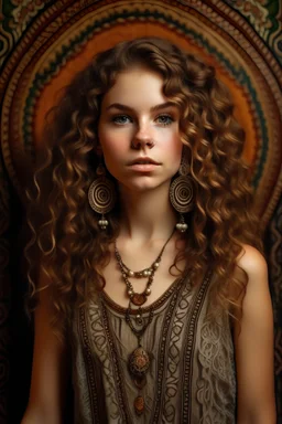 girl, model appearance, carved earrings, jewelry, open ear, curly hair, long hair, tapestry background, half-turn, dress with straps, photo portrait, close-up, looking at the camera, the ear with the earring is clearly visible, hair thrown back from the ear