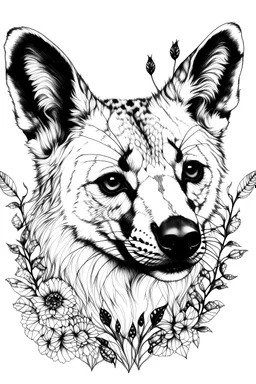 portrait of hyena and background fill with flowers on white paper with black outline only