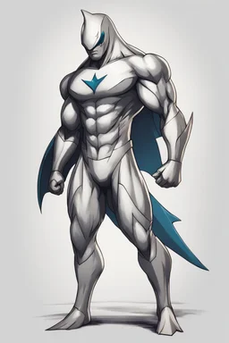 A superhero suit with a sleek and powerful, with a shark-inspired design. It would have a dark blue colour scheme, sharp lines, and a fin-like cape, representing his strength and determination.