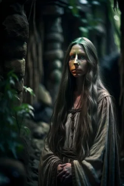 underground grove, with bricks and stones, portrait of a ghost wood elf with pale, ethereal features with long hair that seems to shimmer. She dresses in flowing, dark-colored clothing that accentuates her mysterious aura. photo-realistic, shot on Hasselblad h6d-400c, zeiss prime lens, bokeh like f/0.8, tilt-shift lens 8k, high detail, smooth render, down-light, unreal engine 5, cinema 4d, HDR, dust effect,, smoke