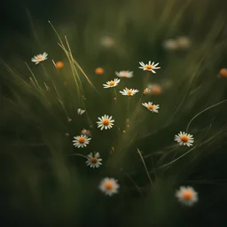wild tiny white flowers in blades of grass and wild flowers in the style of film, light green and amber portraiture iconography, light orange and indigo, mamiya 7 ii, long shot, refractions of light, sharp focus, HDRI.