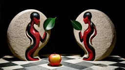 The image features two large stone-like structures with abstract human forms carved into them. A serpent, characterized by its red and black coloration, slithers between the two figures. One side includes an apple, and the other displays a leaf, adding organic elements to the otherwise rigid and surreal setting. The background consists of a checkered pattern, enhancing the surreal and artistic quality of the scene.