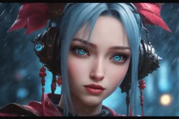 Jinx in 8k anime cgi artstyle, arcane them, crazy eyes, close picture, rain, apocalypse, intricate details, highly detailed, high details, detailed portrait, masterpiece,ultra detailed, ultra quality