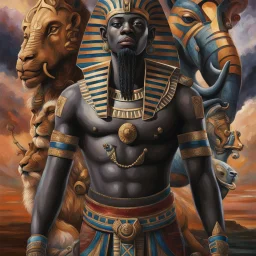 Create an image reflecting the African depiction of God, in Egyptian way, drawing inspiration from various African cultures and beliefs. This portrayal may include elements such as a majestic figure with dark skin, adorned in traditional African attire or regalia symbolizing power and authority. Incorporate significant symbols such as tribal markings, sacred animals like lions or elephants, and motifs representing creation, wisdom, and spirituality. The background could feature a sweeping Africa