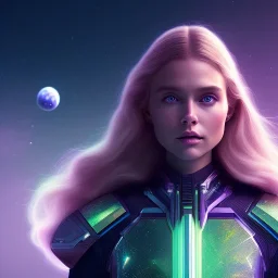 A portrait of a transparent crystalline girl,smiling, longs blond hairs, green eyes, galactic dress, atmospheric, realistic, cinematic lighting, octane render, purple and blue sky, nebula, stars, planets in background, spaceship in background