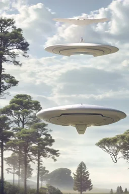 a group of [school kids] see a saucer shaped ufo::25 flying over tall pine trees, year is 1966 in color, concept art, by Asaf Hanuka, by Weta Digital, Electric Colors, Screen Space Global Illumination, in a symbolic and meaningful style