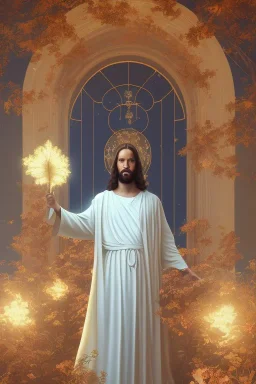 Jesus portrait , detailed hands, at dawn by atey ghailan, golden light , white robe, holding leaves and flowers , angels background, volumetric light, high detail, red leaf tree, mountains in background, perfect