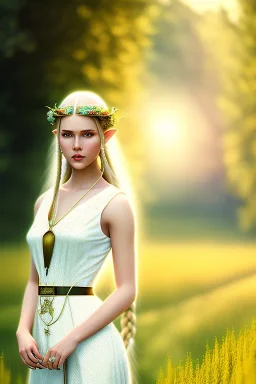 young elf woman, countryside, blonde braids, trees, fields, magic, motif, white dress, cinematic, forrest, happy, 3d art, alfons mucha, photography, smile