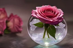 a perfect rose formed of iridescent crystal enclosed within a translucent glass sphere, insane detail, intricate details, hyperrealistic, 16k resolution, cinematic, fantasy garden, Hyper realistic, intricately detailed, color depth, dramatic, dynamic lighting, colorful background