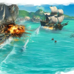 Two pirate ships fight each other at sea. Firing cannons. One ship is hit and burns after being hit.
