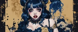 Poster in two gradually, a one side malevolent goth vampire girl face and other side the Singer Melanie Martinez face, full body, sit pose, painting by Yoji Shinkawa, darkblue and gold tones,