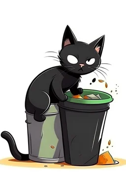 black thin cat cartoon eating from dustbin