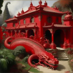 A red palace with pepper dragons designed in Maori sculptures painted by Birge Harrison