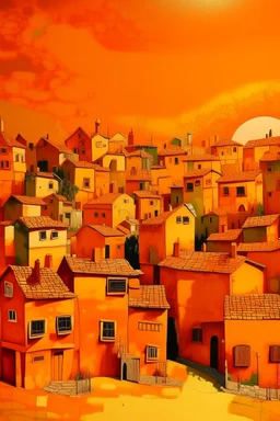 An orange colored town with battery-shaped buildings painted by Vincent van Gogh