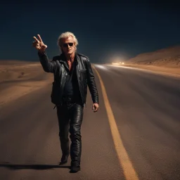 Thumb out Hitchhiker on side of desert highway at night who looks like Rutger Hauer in a leather jacket and shades, thumb out, mid shot, photorealism, natural lighting, cinematic,