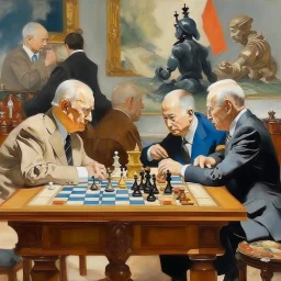 Putin, President Xi Of China And Joe Biden Play Chess With A Pigeon,Ufo And Atomic Bomb Mushroom Cloud,Complex Surgical Instruments Intermixed With A Newborn Boy,Minimalism,Painting By Adrian Ghenie,Rene Magritte,Pablo Picasso,Michelangelo,Salvador Dali,Lucian Freud