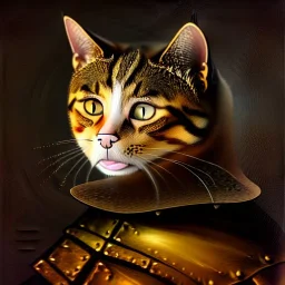 oil portrait of a cat with armor by Rembrandt 8k