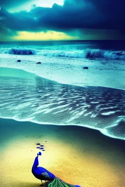 mystical beach, peacock, mystical, dreamlike, romanticism, fine detail, high quality, raining, rain droplets, beautiful colors, soft lighting, fish,