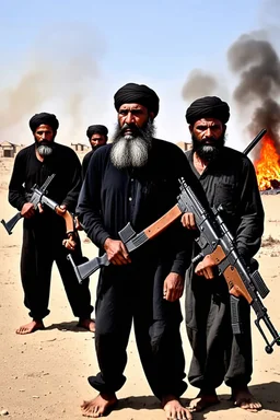 black men from afghanistan with grey beards very poor looking homeless with assault rifles in the desert behind them a burning village
