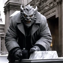 [photo from The Thing (1982)] A man in an unremarkable gray jacket scales the marble face of Central Trust Bank. His mask is a grotesque gargoyle, snarling like living stone under the streetlights. Duffel bags hang heavy at his side, burdened with tools of intrusion. A glimpse beneath his coat reveals the cold gleam of a firearm.