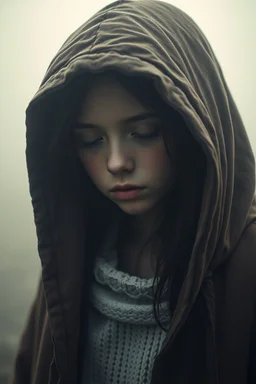 Extremely realistic photo of a hooded girl, fog, general foul weather, (Rembrandt Lighting), zeiss lens, ultra realistic, (high detailed skin:1.2), 8k uhd, dslr, Dramatic Rim light, high quality, Fujifilm XT3, artwork in pale distressed tones , minimalistic approach, blends old world aesthetics art with elements of distressed painting and illustration, shadow play, high conceptuality, palette inspired by Charlene Mc Nally, Carne Grif