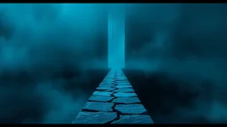 passage over nothingness, surreal, dark and cold abstract artwork dominated by deep blue, icy cyan, charcoal black and muted steel-grey tones. An narrow passageway emerges from an abstract distorted weird landscape, surrounded by thick fog and drifting mist. The space feels nightmare, alien and unsettling, with tiny floating circles and lines geometric forms, black onix column fragmented and unnatural perspectives. At the center of the composition cracked stone way over abyss
