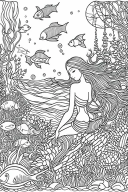 This wonderful coloring page features an enchanting scene of an adorable mermaid gracefully gliding through the depths of the ocean. The mermaid captures your heart with her cute appearance and whimsical charm. Surrounded by a vibrant aquatic wonderland, the mermaid is accompanied by a diverse array of marine life that brings this image to life. Delicate corals of various shapes and sizes create a colorful backdrop, while an assortment of fish, each with their own unique patterns and forms, swim