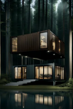 Medium-sized house made from shipping containers, in the woods, photorealistic
