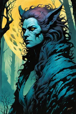 create a wildly conceptual closeup full body print illustration of a Lycan female mage with highly detailed hair and feminine facial features, in an ethereal, otherworldly ,ancient Spring forest , in the comic book art style of Bill Sienkiewicz, Mike Mignola, Sparth, Maxfield Parrish, and Jean Giraud Moebius, finely textured, drawn, colored, and inked, suffused with dramatic natural light and shadow of sunset