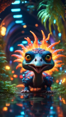 Psychedelic fire breathing space ostrich turtle dragon with friendly cute face and hair like a rocker, in dark lit reflective wet jungle metallic hall dome hotel tunnel, in the style of a game,bokeh like f/0.8, tilt-shift lens 8k, high detail, smooth render, down-light, unreal engine, prize winning