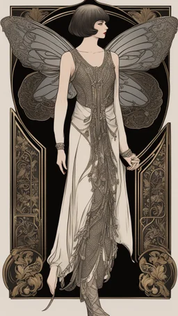 Full Body, Art Nouveau Woman With A Bob With A Fringe Hairstyle, 1920s Clothing, Steampunk Metal Moth wings, Black Background