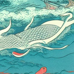 Ukiyo-e style illustration of ocean scene underwater, giant squid, high detail