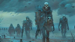 (Bio-engineered undead skeleton machine army) marching, (menacing), glowing eyes, tactical wear, gas masks, dark winter landscape, techno gothic aesthetic, epic, science fiction painting, (Denis Sarazhin, Alex Colville, Simon Stålenhag, Neil Blomkamp, Christopher Shy, Alejandro Burdisio, Tye Myartinez, ominous sky), RAW, gritty, high contrast, atmospheric horror art, vivid, neon overlay, harsh textures, dramatic, surreal horror, retro futuristic, nightmarish art, apocalyptic, atypical art