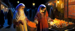 A full-length Palestinian girl wearing an embroidered dress and a white embroidered shawl buys oranges from an old seller wearing a keffiyeh in the market of Jerusalem, 100 years ago, at night with multi-colored lights reflecting on her.