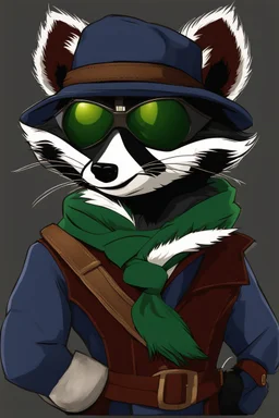 Remy is a raccoon with charcoal-gray fur and emerald-green eyes. He has a black mask-like pattern around his eyes. He wears a tattered dark blue bandit's outfit with a red sash and a feathered hat. Additionally, he carries a leather pouch for stolen treasures. This description is suitable for creating an image in the style of "Sly Cooper: Thieves in Time."