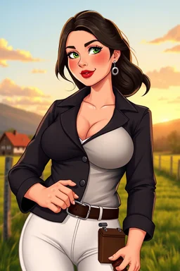 In a realistic, non-anime, vintage cartoon style: Bust shot of 35-year old, bit chubby Scandinavian dark-haired mansion owner lady with green eyes and thick lips, wearing equestrian attire with tight white pants and black or blue jacket and a riding crop, posing in Bavarian countryside in sunrise.